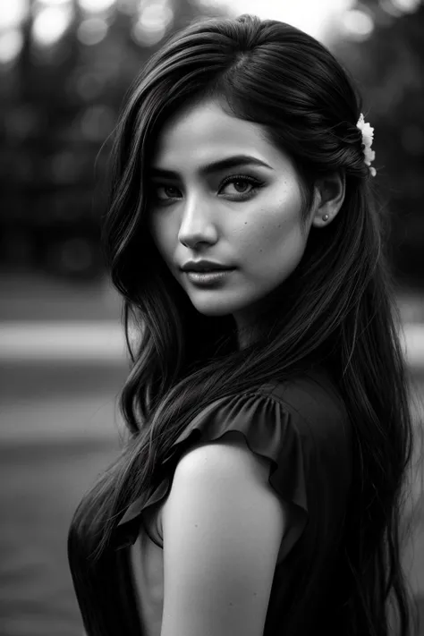 beautiful woman (EPM4cWh4l3:.99): perfect hair, half updo, (dress with side slit:1.2), ominous, beautiful, hyperrealistic, by greg rutkowski, yoshitaka amano, ilya kuvshinov, Retina display, (monochrome:1.2), (black and white:1.3),  (b&w), Canon50 ((detailed eyes)), (([dark|heavy|subtle]eyeliner, long lashes)), (epicPhoto), long eyelashes, (perfect waist)