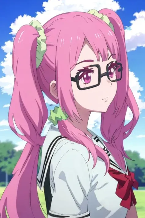best quality, masterpiece, highres, solo, {rina_shioi_mahoushoujosite:1.15}, pink_hair, glasses, pink_eyes, long_hair, scrunchie, hair_ornament, twintails, hair_scrunchie, 1girl, cloud, low_twintails, sky, day, purple_eyes, anime_coloring, outdoors, school_uniform