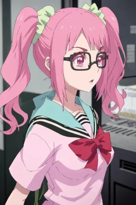 best quality, masterpiece, highres, solo, {rina_shioi_mahoushoujosite:1.15}, pink_hair, glasses, pink_eyes, long_hair, scrunchie, hair_ornament, twintails, hair_scrunchie