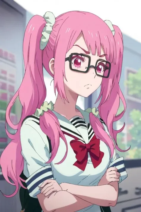 best quality, masterpiece, highres, solo, {rina_shioi_mahoushoujosite:1.15}, pink_hair, glasses, pink_eyes, long_hair, scrunchie, hair_ornament, twintails, hair_scrunchie, 1girl, school_uniform, serafuku, low_twintails, anime_coloring, v-shaped_eyebrows, upper_body, bow, frown, looking_at_viewer