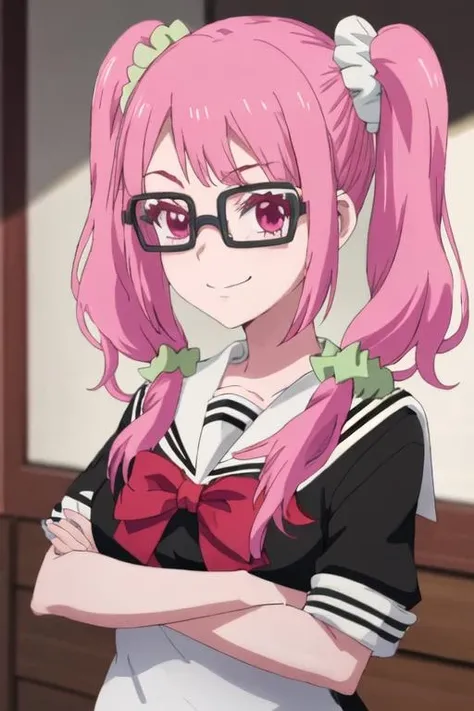 best quality, masterpiece, highres, solo, {rina_shioi_mahoushoujosite:1.15}, pink_hair, glasses, pink_eyes, long_hair, scrunchie, hair_ornament, twintails, hair_scrunchie, 1girl, black-framed_eyewear, sailor_collar, school_uniform, serafuku, bow, bowtie, looking_at_viewer, low_twintails, red_bow, red_bowtie, shirt, short_sleeves, smile, upper_body, green_scrunchie, bangs, black_shirt, breasts