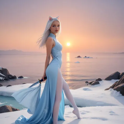 score_9, score_8_up, score_7_up, best quality, masterpiece, realistic, detailed , beautiful sunset , ocean background , snowflake falling around ,  1girl , long white hair ,  white cat ears,  blue eyes ,  holding glowing red katana , white chinese dress with glacial frost blue finish , glacial jewelry on dress, white pantyhose , glacial heels  .