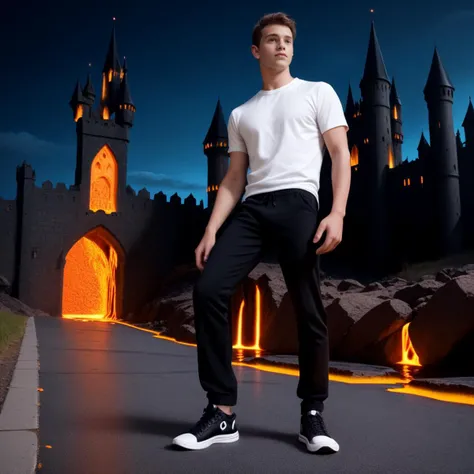 score_9, score_8_up, score_7_up, best quality, masterpiece, realistic, dark night , gothic castle , lava around castle , 1boy, standing on asphalt , brown hair , brown eyes , skinny body , thick legs , white tshirt , black pants, black sneakers.