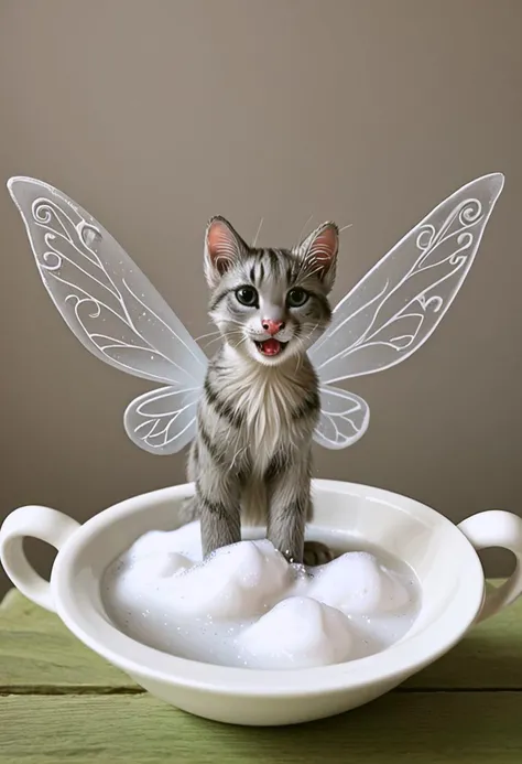 Unbelievable photographic detail.  Super soft and detailed fur. 1 extremely tiny fluffy wet grey tabby r4alc4ts kitten taking a bath in a beautifully detailed porcelain teacup.  (A pair of fairies are scrubbing its fur with toothbrushes:1.2). glittery pink soap suds.  ais-fairy