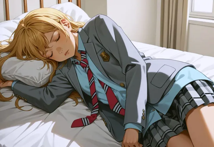 score_9, score_8_up, score_7_up, source_anime,
kaori miyazono, solo, long hair, blonde hair, closed eyes,
skirt, school uniform, jacket, necktie, blazer, grey blazer, striped necktie, pleated skirt,
indoors, bed, bed room, on side, sleeping, expressionless