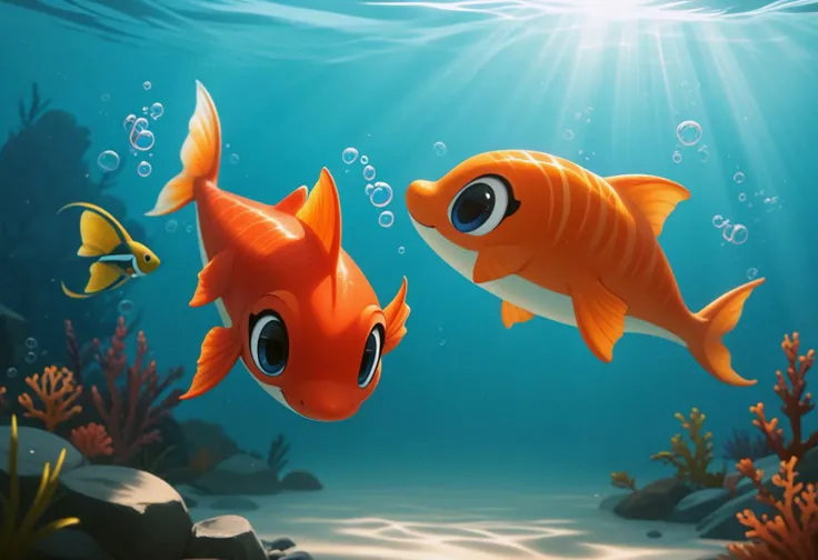 score_9, score_8_up, two fish, webby vanderquack is a cute fish living underwater with her friend among corals, two cute fish one on top of each other, cozy, cute, looking at viewer, sunrays through water, air bubbles, 8k, hd