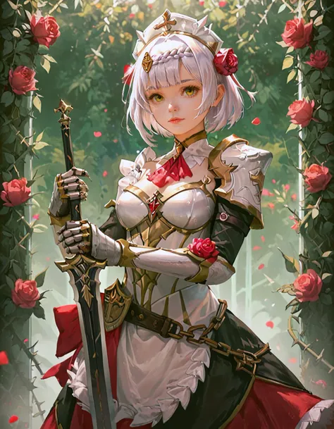 score_9, score_8_up, score_7_up, (realistic),
noelle (genshin impact),
two-handed,planted-sword,holding sword front of her,
claymore, oversized weapon,
1girl,solo,breasts,looking at viewer,short hair,bangs,hair ornament,dress,green eyes,yellow eyes,weapon,braid,flower,white hair,cowboy shot,,hair flower,holding weapon,armor,apron,maid,maid headdress,petals,rose,plant,red flower,shoulder armor,gauntlets,pauldrons,red rose,armored dress,vines,thorns,
 <lora:planted_sword:0.8>