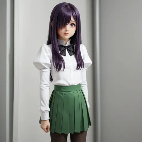 score_9, 1girl <lora:hanako-ikezawa-ponyxl-lora-nochekaiser:1> hanako ikezawa, hair over one eye, long hair, purple eyes, purple hair, scar,, pantyhose, school uniform, skirt, shirt, long sleeves, white shirt, juliet sleeves, green skirt, pleated skirt, bow, bowtie, black bowtie,