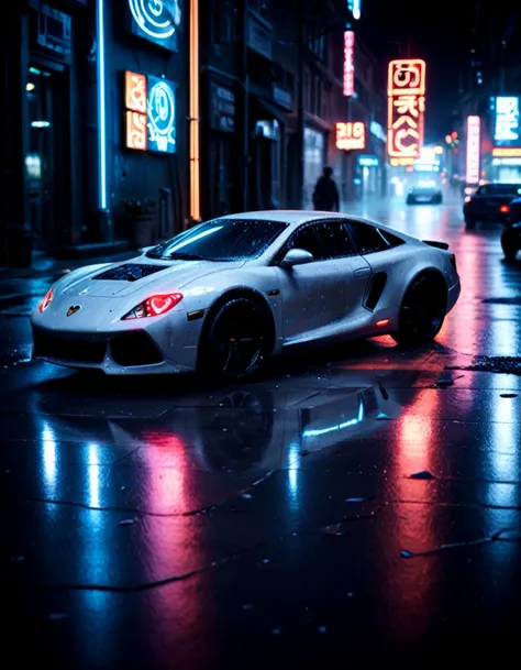 arafed white sports car on a city street at night