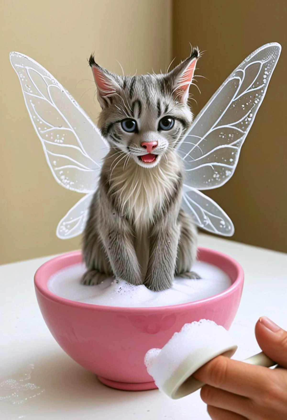 Unbelievable photographic detail. Super soft and detailed fur. 1 extremely tiny fluffy wet grey tabby r4alc4ts kitten taking a bath in a beautifully detailed porcelain teacup. (A pair of fairies are scrubbing its fur with toothbrushes:1.2). glittery pink soap suds. ais-fairy