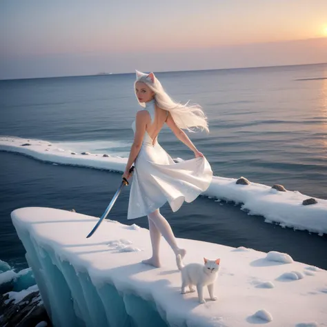 score_9, score_8_up, score_7_up, best quality, masterpiece, realistic, detailed , beautiful sunset , ocean background , snow falling , 1girl , long white hair , white cat ears, white cat tail , blue eyes , standing on ice, holding glowing blue katana , white chinese dress with frost blue finish , white pantyhose.