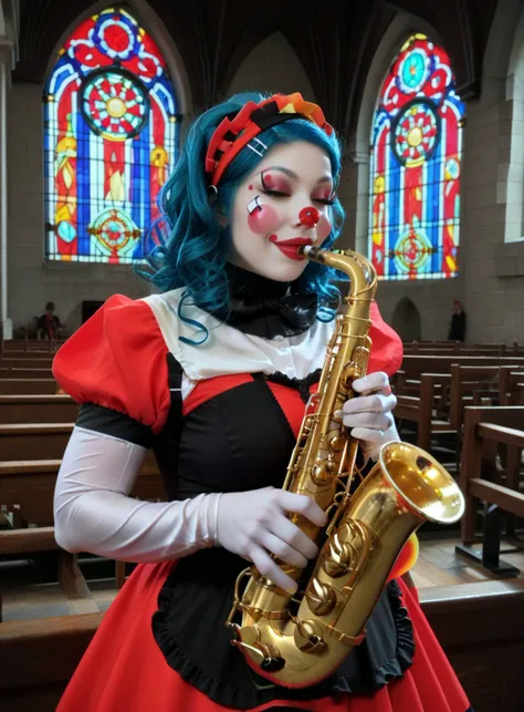 score_9, score_8_up, score_7_up,1girl, SH_S4X, instrument, (solo), solo focused, eyes closed, playing instrument, mouth on instrument, <lora:Sheeps_Saxophone:.8>, church background,colored glass window, edgClussy,red clown nose, a woman dressed in a costume with a clown face ,wearing edgClussy, gigantic breasts <lora:edgClussyPonyv1:1>