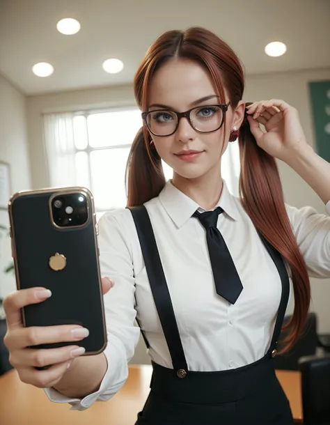 score_9, score_8_up, score_7_up, woman, office lady, acute, pretty, alluring, confident , auburn long twintails , glasses, suspenders, black tie , holding phone, handing phone, reaching out , unique angle