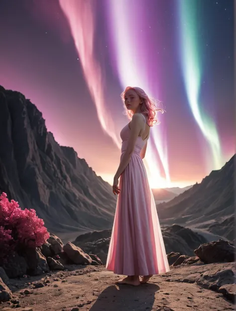 score_9, score_8_up, score_7_up, 1 attractive girl,pink volumetric light,pink hair, barefoot,sitted on a edge of a pink volcano,realistic,
purple aurora borealis ,from below view, bright,elegant, photo realist, bright sunlight, trending on, slim integral gym clothes,small breath