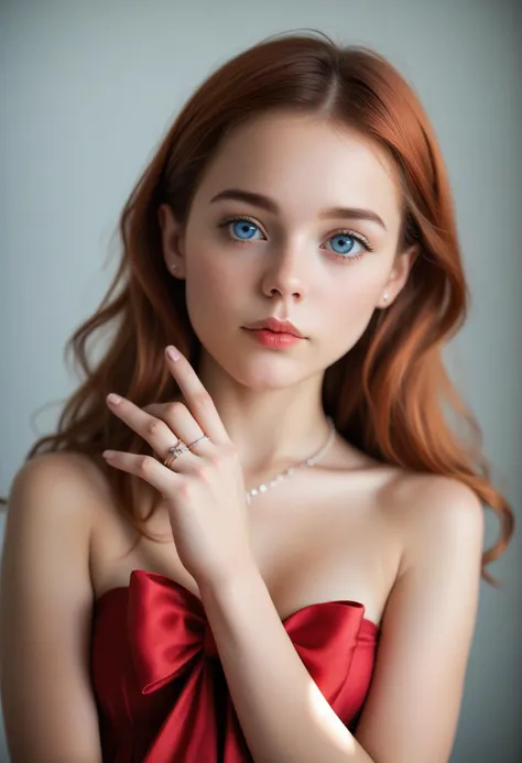 score_9, score_8_up, score_7_up, source_photo, 8k analog photo, (realistic:1.2), best studio quality, masterpiece, super realistic, extreme cinematic,beautiful soft light, aesthetic, hight detailed realistic light and shadows, realistic light aberration, redhead girl, ribbons, necklace, rings on fingers, hight quality detailed perfect skin, polychromatic heterochromic red-blue eye contact, <lora:age_slider_v4:-1>, <lora:sdxl_photorealistic_slider_v1:4>, <lora:Cinematic Hollywood Film:1>