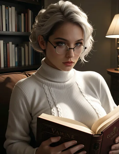 score_9, score_8_up, score_7_up, ada wong, jill valentine, white hair, (curly ponytail:1.2), gray eyes , reading glasses, white sweater , reading a book , cozy atmosphere, warm colors, lamplight, BREAK volumetric lighting, depth of field, cinematic shot, vibrant, detailed, dramatic light