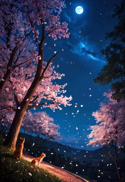score_9, score_8_up, score_7_up, multiple cats behind a beautiful tree full of falling petals, night setting. realistic shaded lighting poster by ilya kuvshinov katsuhiro, magali villeneuve, artgerm, jeremy lipkin and michael garmash, rob rey and kentaro miura style, trending on art station