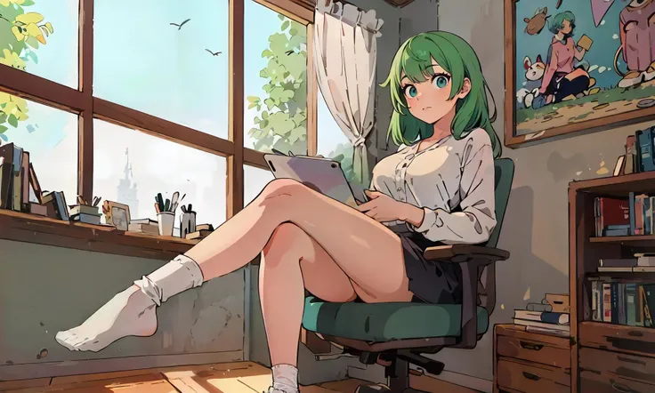 (best quality, absurdres, masterpiece), (elaborate colorful illustration), girl, green hair, white shirt, sitting in chair