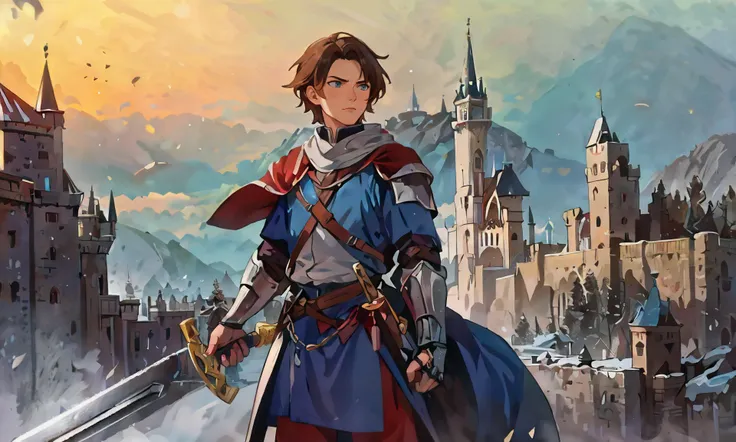 (best quality, absurdres, masterpiece), 1man, medieval knight, brown hair, blue eyes, castle , elaborate, colorful, greatsword