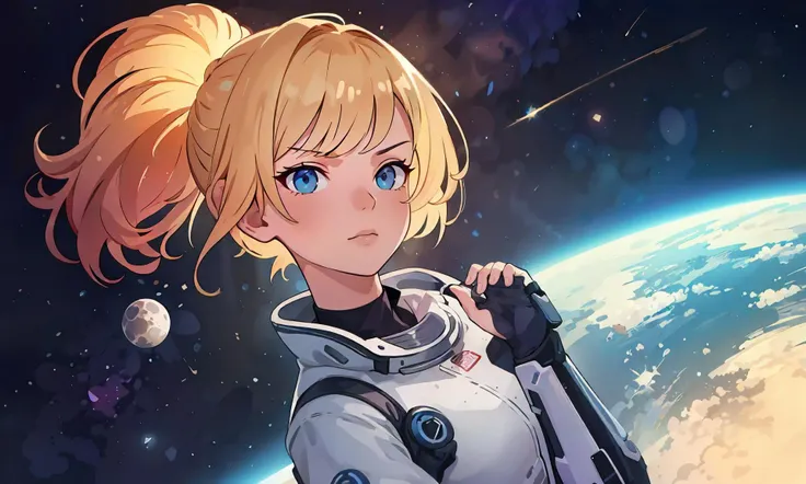 (best quality, absurdres, masterpiece), (elaborate colorful illustration), girl in sci-fi outfit, blonde hair, blue eyes, serious face, space, galaxy, planet