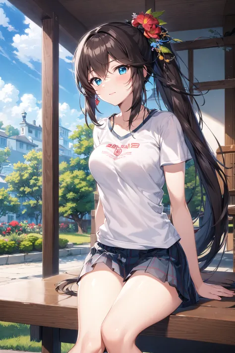 masterpiece, best quality, ultra-detailed, illustration, warm lighting, bright colors, 1girl,solo, long hair, very long hair, chifuyu,
brown hair, blue eyes, pony tail, hair ornament, hair_flower,
school uniform, sitting, outdoors, t-shirt, casual wear,
<lora:chifuyu:0.7>