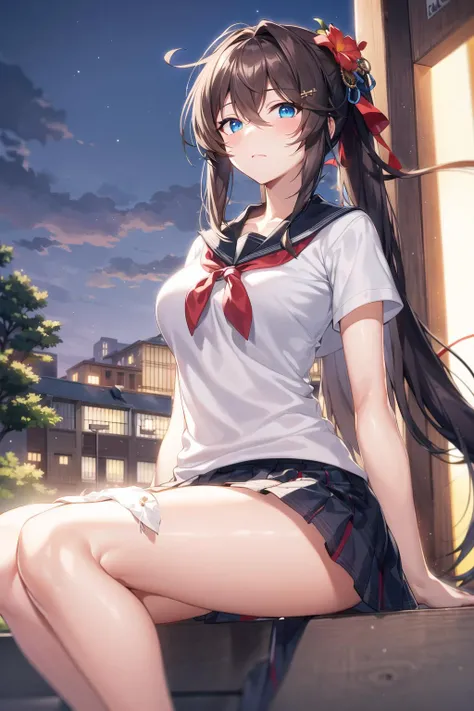 masterpiece, best quality, ultra-detailed, illustration, warm lighting, bright colors, 1girl,solo, long hair, very long hair, chifuyu,
brown hair, blue eyes, pony tail, hair ornament, hair_flower,
school uniform, sitting, outdoors, t-shirt, casual wear,
<lora:chifuyu:0.7>
