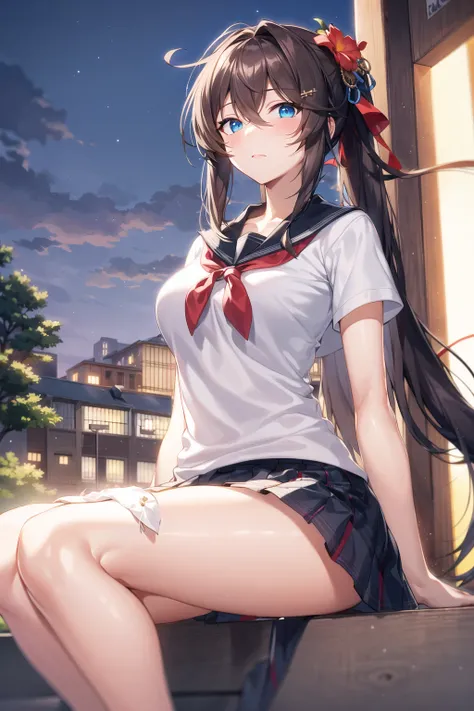 masterpiece, best quality, ultra-detailed, illustration, warm lighting, bright colors, 1girl,solo, long hair, very long hair, chifuyu,
brown hair, blue eyes, pony tail, hair ornament, hair_flower,
school uniform, sitting, outdoors, t-shirt, casual wear,
<lora:chifuyu:0.7>