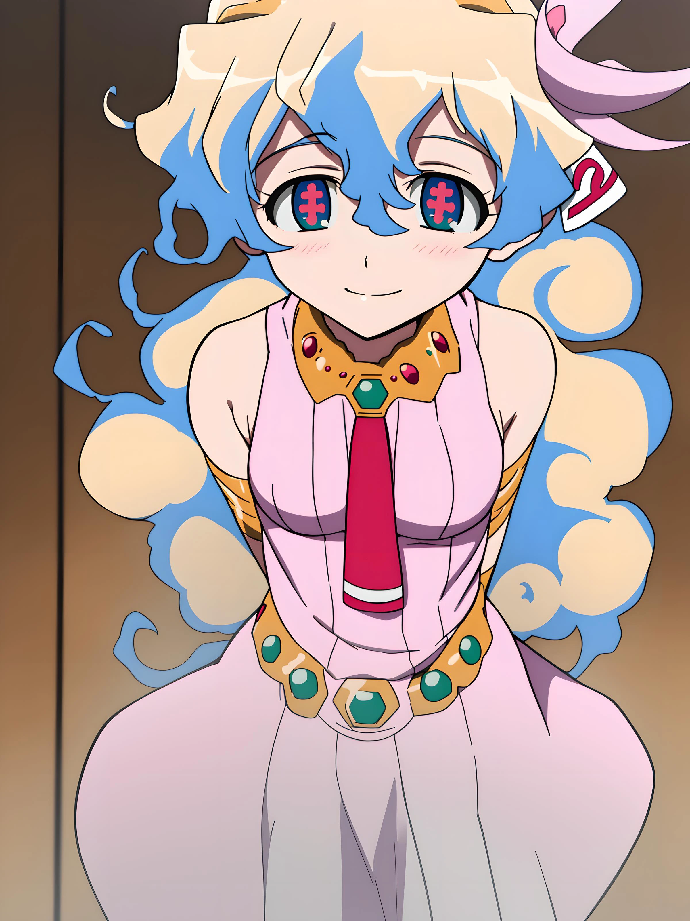 <lora:nia:0.8>, 1girl, cross-shaped pupils, nia teppelin, solo, long hair, multicolored hair, symbol-shaped pupils, smile, sleeveless, skirt, hair ornament, bare shoulders, dress, <lora:Trigger Studio Style:1>, Trigger Studio Artstyle,