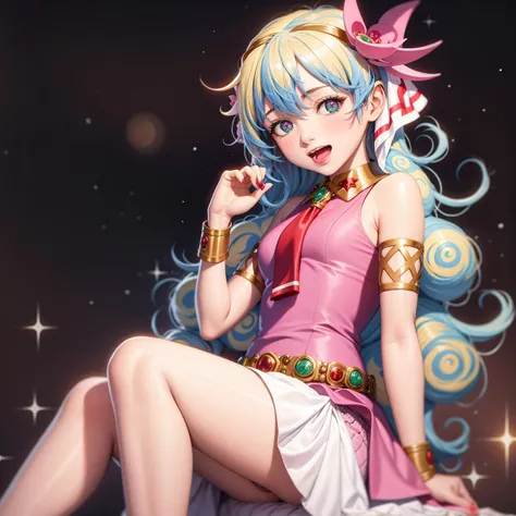 masterpiece, best quality,1girl, (little girl:1.3),open mouth,solo, nia teppelin, jewelry, cross-shaped pupils, long hair, multicolored hair, armlet, hair ornament, symbol-shaped pupils, bracelet, flower, hair flower, smile,(kbxll:0.3)