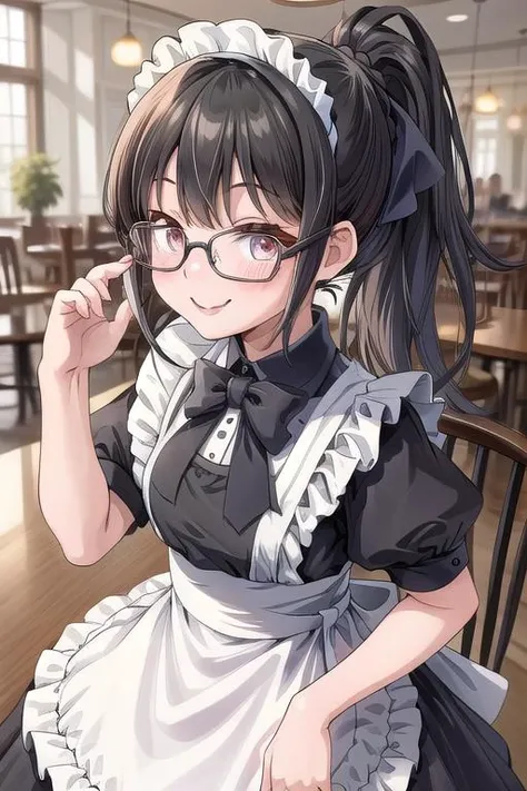 masterpiece, best quality,ultra detail, <lora:anmnr01:0.3> <lora:add_detail:0.5>,<lora:GoodHands-vanilla:0.8>,girl,maid dress, black ponytail,glasses<lora:maid_dress:0.7>,cafe,bow,welcome,smile,upper body