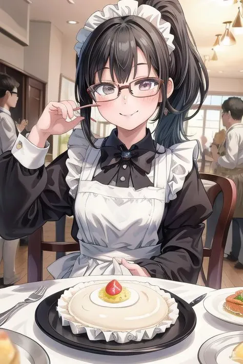 masterpiece, best quality,ultra detail, <lora:anmnr01:0.3>  <lora:add_detail:0.5>,<lora:GoodHands-vanilla:0.8>,girl,maid dress, black ponytail,glasses<lora:maid_dress:0.7>,cafe,bow,welcome,smile,upper body,Omelette rice on table,guests,customer