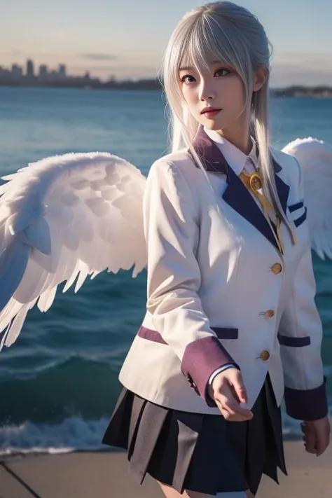 ultra-detailed,highly detailed,best quality,masterpiece,illustration,realistic,
tachibana kanade, 1girl, solo, cosplay,
school uniform, jacket,blazer, long sleeves,neck ribbon,gem,necklace, pleated skirt,
yellow eyes,white hair, long hair,bangs, hair pulled back,
looking at viewer, walking,
photo background, photo inset, dusk,outdoors, beach,sea,waves, sunlight, skyline,
angel wings,
<lora:tachibana kanade_v1_02:0.7>