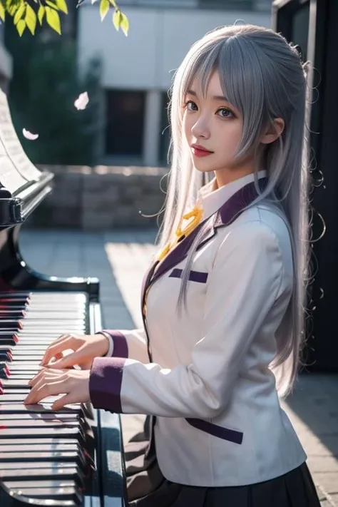 ultra-detailed,highly detailed,best quality,masterpiece,illustration,realistic,
tachibana kanade, 1girl, solo, cosplay,
school uniform, jacket,blazer, long sleeves,neck ribbon,gem,necklace, pleated skirt,
yellow eyes,white hair, long hair,bangs, hair pulled back,
looking at viewer, playing piano,
photo background, photo inset, dusk,outdoors, spring,wind,falling petals, sunlight, skyline,
<lora:tachibana kanade_v1_02:0.7>
