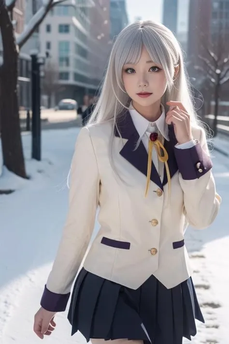 ultra-detailed,highly detailed,best quality,masterpiece,illustration,realistic,
tachibana kanade, 1girl, solo, cosplay,
school uniform, jacket,blazer, long sleeves,neck ribbon,gem,necklace, pleated skirt,
yellow eyes,white hair, long hair,bangs, hair pulled back,
looking at viewer, walking,
photo background, photo inset, dusk,outdoors, winter,snow,snowflakes, sunlight, skyline,
<lora:tachibana kanade_v1_02:0.7>