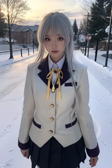 ultra-detailed,highly detailed,best quality,masterpiece,illustration,realistic,
tachibana kanade, 1girl, solo, cosplay,
school uniform, jacket,blazer, long sleeves,neck ribbon,gem,necklace, pleated skirt,
yellow eyes,white hair, long hair,bangs, hair pulled back,
looking at viewer, walking,
photo background, photo inset, dusk,outdoors, winter,snow,snowflakes, sunlight, skyline,
<lora:tachibana kanade_v1_02:0.7>
