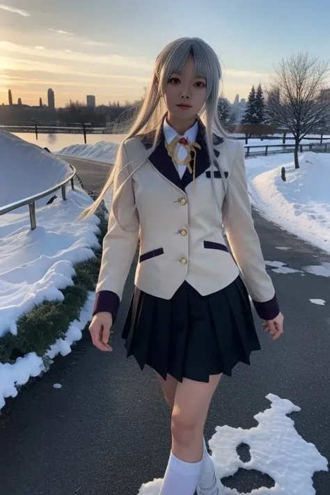 ultra-detailed,highly detailed,best quality,masterpiece,illustration,realistic,
tachibana kanade, 1girl, solo, cosplay,
school uniform, jacket,blazer, long sleeves,neck ribbon,gem,necklace, pleated skirt,
yellow eyes,white hair, long hair,bangs, hair pulled back,
looking at viewer, walking,
photo background, photo inset, dusk,outdoors, winter,snow,snowflakes, sunlight, skyline,
<lora:tachibana kanade_v1_02:0.7>