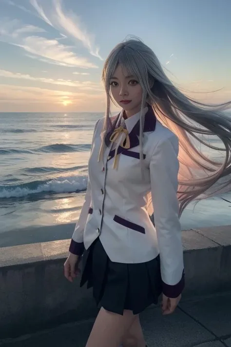 ultra-detailed,highly detailed,best quality,masterpiece,illustration,realistic,
tachibana kanade, 1girl, solo, cosplay,
school uniform, jacket,blazer, long sleeves,neck ribbon,gem,necklace, pleated skirt,
yellow eyes,white hair, long hair,bangs, hair pulled back,
looking at viewer, walking,
photo background, photo inset, dusk,outdoors, beach,sea,waves, sunlight, skyline,
<lora:tachibana kanade_v1_02:0.7>