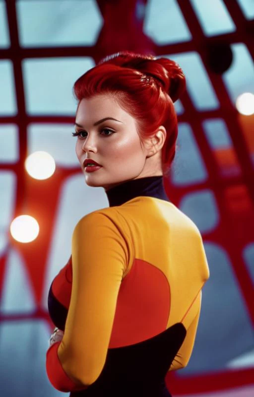 <lora:starTrekUniforms_v1:1> bokeh, A stunning intricate full color portrait photo of Ariel Winter, wearing a (strtrk uniform), interior ship background