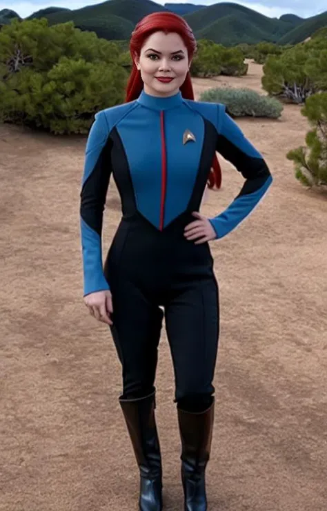 <lora:starTrekUniforms_v1:1> Ariel Winter, wearing a (strtrk uniform), outdoor shot on alien planet
