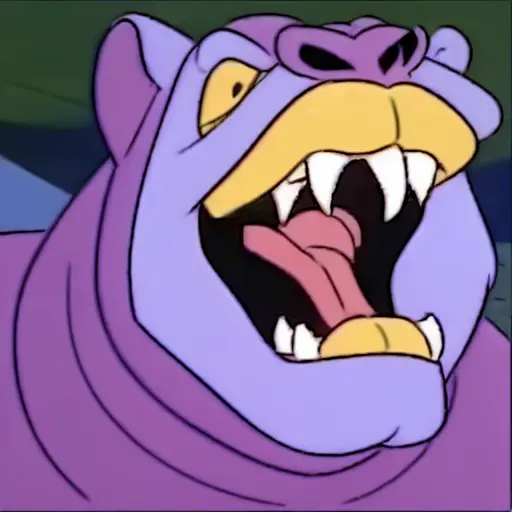 a cartoon of a purple panther with its mouth open and teeth wide open, with green eyes and a black mouth, filmation motu style