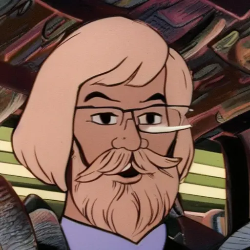 a man with glasses and a beard smiling for the camera with a cell phone in his hand and a camera in his other hand, filmation motu style