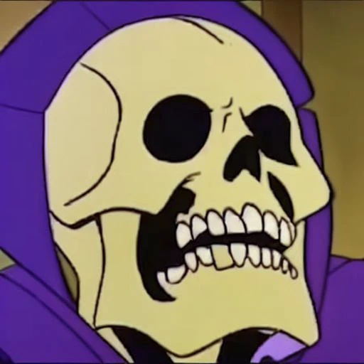 a cartoon character with a skull on his face and a purple hoodie on his head, with a skull in the middle of the image, filmation motu style