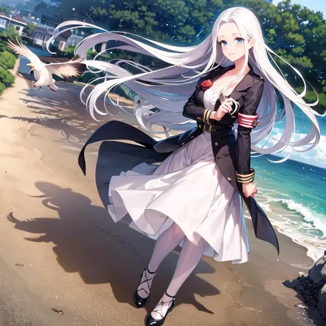 (ultra detailed),(masterpeace),(best quality),(photorealistic), beautiful lighting,CG,(colour:1.2), outdoors, beach, solo, 1girl, <lora:yorktown_azurlaen_V1:1>,yorktown \(azur lane\), white hair,long_hair,pantyhose,blue_eyes,rose,silver_hair,blue high_heels,white dress,armband,black jacket,multicolored_dress,