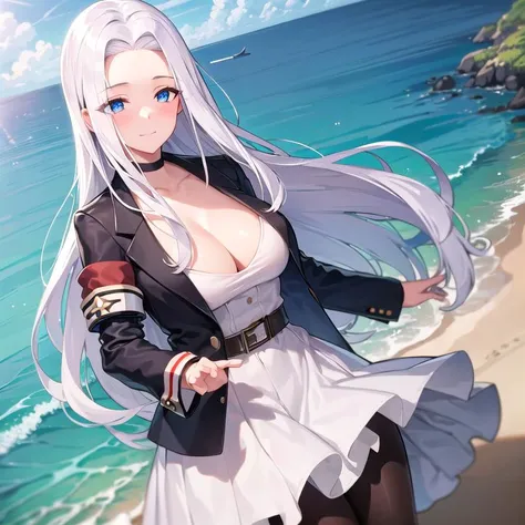 masterpiece, best quality, detailed, highres, aaenter, long hair, hat, white headwear, large breasts, black necktie, sleeveless shirt, white shirt, off shoulder, black coat, open coat, belt, pleated skirt, black skirt, black thighhighs, cowboy shot, standing, outdoors, ocean in background, 2D, add_detail:1