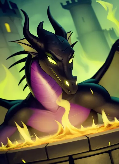 maleficent, scalie, anthro, dragon, portrait, close-up, solo, (best quality), green fire, (detailed medieval castle background:1.2), dramatic lighting, (detailed scales:1.1), looking at viewer, wings, <lora:maleficent-v1:1>