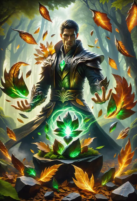 hyper detailed masterpiece, dynamic, awesome quality, a male energy manipulator casting lithic leaf DonMM4g1cXL magic, <lora:DonMM4g1cXL_v1.2:1>, Perfect Hands, <lora:Perfect Hands:1>