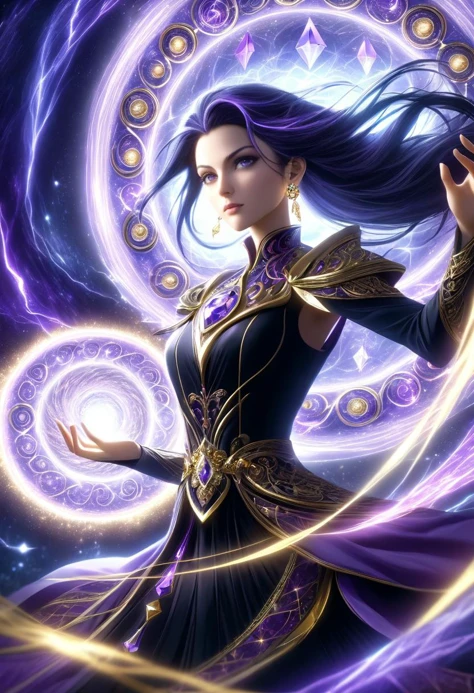 (best quality, masterpiece, absurdres, highres, ultra_detailed, dynamic angle:1.2), a beautiful female mage, dark purple long hair, noble attire, (black costume with gold accents:1.2), crystal earrings, forehead gem, beautiful detailed black eyes, purple cape, purple rings shoulder pieces, otherworldly beauty, spellcasting, elemental lightning magic, lightning streaks, kinetics powers, empowering allies, time acceleration runes, in dynamic pose, solo, alone, (moonlight:1.1), (chaotic, (fractal:1.15), infinity, highly complex) background, (intricate details, hyperdetailed:1.15), (ultrahigh resolution textures), bokeh, (volumetric, cinematic, rim) lighting, (purple lighting:1.2), 3/4 view, cartoon style, <lora:DonMM4g1cXL-v2.0-000012:0.7>