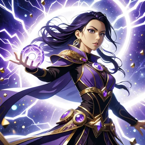 (best quality, masterpiece, absurdres, highres, ultra_detailed, dynamic angle:1.2), a beautiful female mage, dark purple long hair, noble attire, (black costume with gold accents:1.2), crystal earrings, forehead gem, beautiful detailed black eyes, purple cape, purple rings shoulder pieces, spellcasting, elemental lightning magic, lightning streaks, kinetics powers, empowering allies, time acceleration runes, in dynamic pose, solo, alone, (moonlight:1.1), (chaotic, fractal, infinity, highly complex) background, (intricate details, hyperdetailed:1.15), (ultrahigh resolution textures), bokeh, (volumetric, cinematic, rim) lighting, (purple lighting:1.2), 3/4 view, cartoon style, <lora:DonMM4g1cXL-v2.0-000012:0.7>