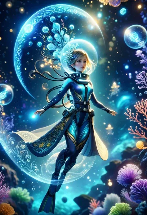 (best quality, masterpiece, absurdres, highres, ultra_detailed, dynamic angle:1.2), photography of 1girl, mage, aquamancer, (colorful:1.3) ornate diving bodysuit, lama scuba helmet, glowing cybernetics, long robe woven with celestial patterns, (spellcasting, arcane knowledge, empowering allies, elemental water magic:1.5), ethereal glowing runes, (underwater:1.2), sea plants, bioluminescence, futuristic, sci-fi, (intricate details, hyperdetailed:1.15), (ultrahigh resolution textures), bokeh, (volumetric, cinematic, dim blue) lighting, caustics, depth of field, <lora:lama_scuba_helmet-xl-v2-000012:0.5>, <lora:EnvyScifiStreamlineXL01:0.1>, <lora:DonMM4g1cXL-v2.1-000010:0.7>