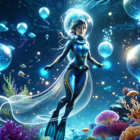 (best quality, masterpiece, absurdres, highres, ultra_detailed, dynamic angle:1.2), photography of 1girl, mage, aquamancer, (colorful:1.3) ornate diving bodysuit, lama scuba helmet, glowing cybernetics, long robe woven with celestial patterns, (spellcasting, arcane knowledge, empowering allies, elemental water magic:1.5), ethereal glowing runes, (underwater:1.2), sea plants, bioluminescence, futuristic, sci-fi, (intricate details, hyperdetailed:1.15), (ultrahigh resolution textures), bokeh, (volumetric, cinematic, dim blue) lighting, caustics, depth of field, <lora:lama_scuba_helmet-xl-v2-000012:0.5>, <lora:EnvyScifiStreamlineXL01:0.1>, <lora:DonMM4g1cXL-v2.1-000010:0.7>